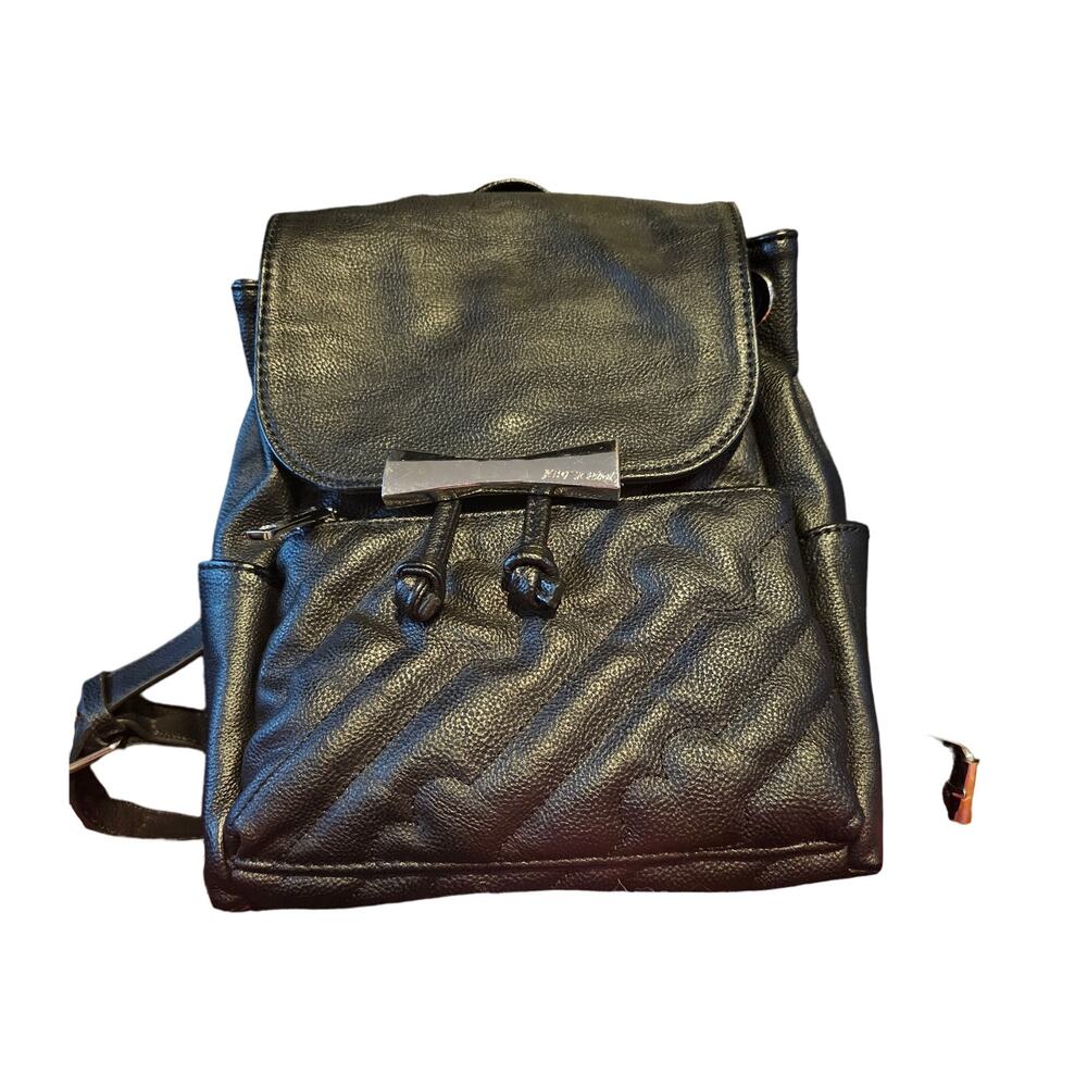 Betsey Johnson black faux leather‎ mini backpack with heart stitching